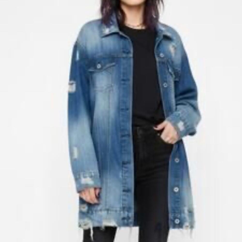 HIGHWAY JEANS | Oversized Denim Jacket Jean Distressed Long Length Wash | Medium